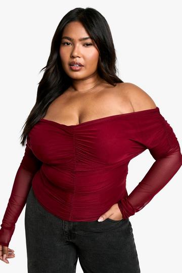 Plus Ruched Front Bardot Long Sleeve Top burgundy