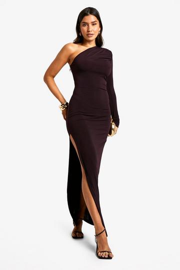 Tall Ruched One Sleeve High Split Maxi Dress plum