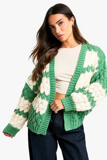 Petite Gestreepte Dikke Gebreide Bolletjes Cardigan green