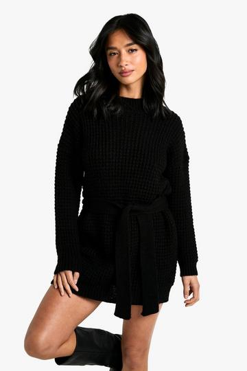 Petite Gebreide Trui Jurk Met Ceintuur black