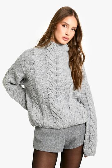 High Neck Chunky Cable Knitted Jumper grey