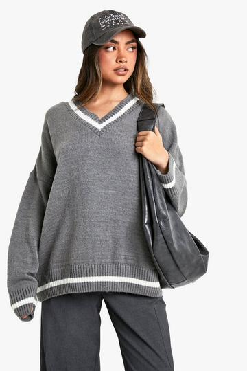 V neck contrast trim jumper grey