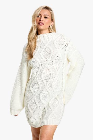 Crew Neck Cable Jumper Dress cream