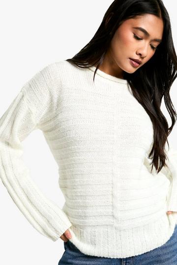 Cream White ribbed crew neck knitted jumper