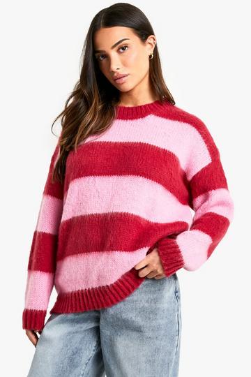 Petite Brushed Striped Oversized Knitted Jumper burgundy