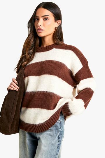 Petite Oversized Geborstelde Gestreepte Gebreide Trui chocolate