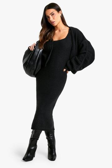 Petite Dikke Gebreide Jurk En Cardigan Set black