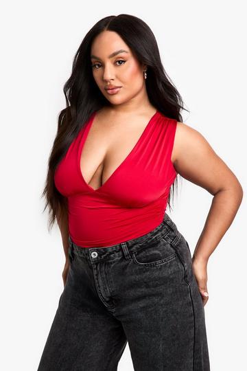 Plus Strakke Mouwloze Bodysuit Met Laag Decolleté red