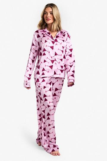 Cocktail Print Long Sleeve Shirt & Trousers Pyjama Set pink