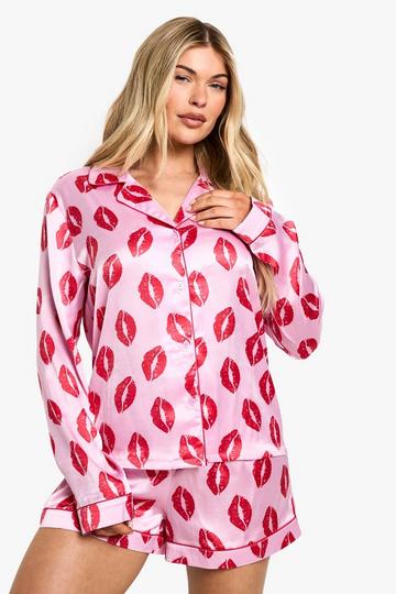 Pink Kisses Print Satin Long Sleeve Shirt & Shorts Pyjama Set