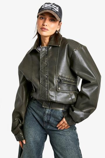 Tall Vintage Look Faux Leather Bomber Jacket vintage wash