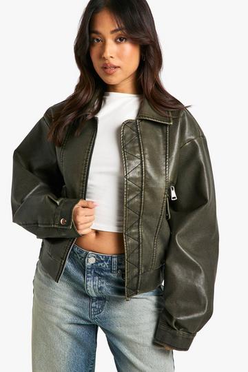 Petite Vintage Look Faux Leather Bomber Jacket vintage wash
