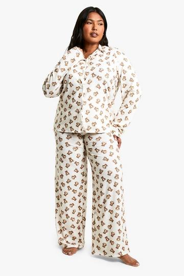 Plus Bear Print Long Sleeve Pyjama Set brown