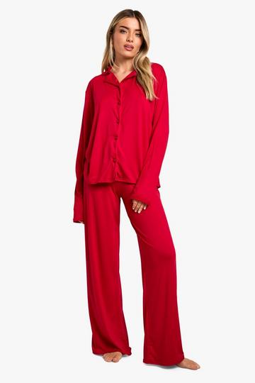 Soft Touch Long Sleeve Shirt And Trouser Pyjama Set red