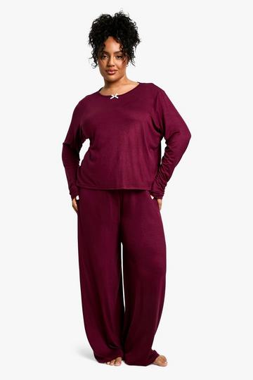 Plus Long Sleeve Bow PJ Trouser Set burgundy