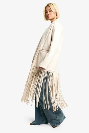 Fringe Detail Wool Look Coat stone