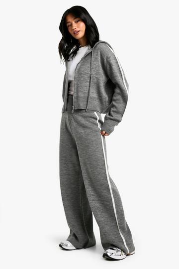 Petite Stripe Detail Knitted Hoody And Waist Detail Flared Trouser grey