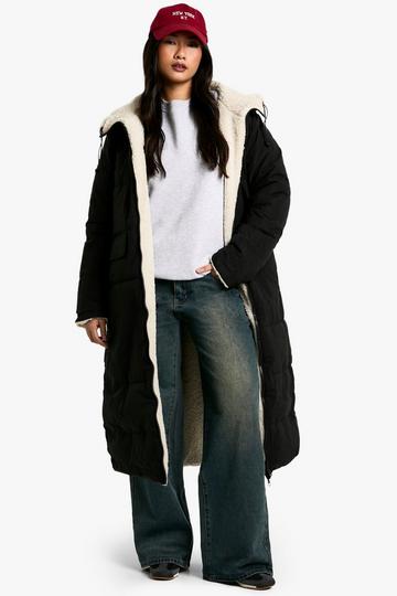 fur lined longline puffer jacket black