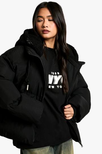 Faux Fur Hooded Puffer Jacket black