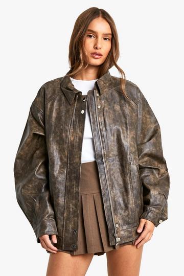 Brown Vintage Look Faux Leather Bomber Jacket