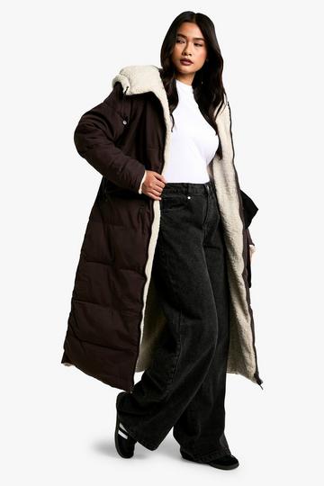 fur lined longline puffer jacket chocolate