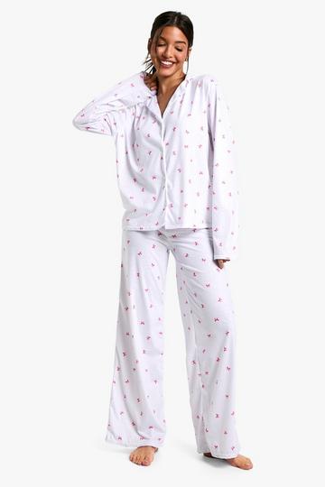 White Bow Print Long Sleeve Shirt And Trouser Pyjama Set