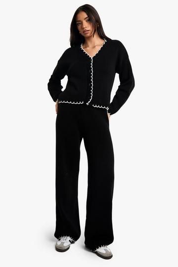 Black Blanket Stitch Knitted Crop Cardigan and Wide Leg Trouser Co-Ord