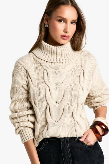 Chunky Cable Knitted Roll Neck Oversized Jumper stone