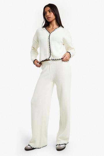 Ecru White Blanket Stitch Knitted Crop Cardigan and Wide Leg Trouser Co-Ord