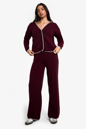 Blanket Stitch Knitted Crop Cardigan and Wide Leg Trouser Co-Ord plum