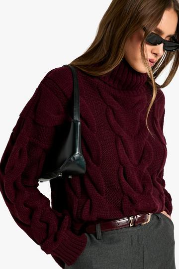 Chunky Cable Knitted Roll Neck Oversized Jumper plum