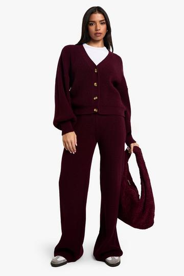 Chunky Knit Oversized Cardigan and Wide Leg Trouser Co-Ord plum