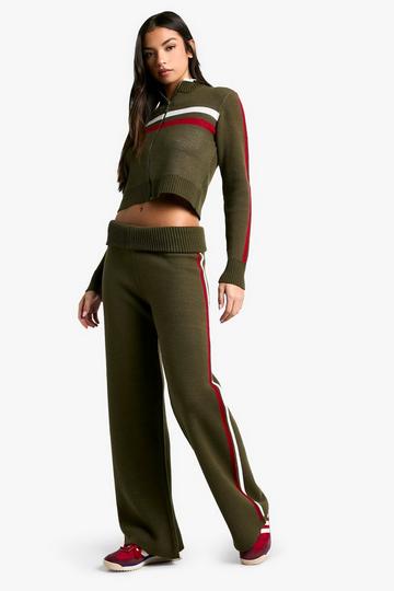 Rib Knitted High Neck Zip Through Jumper and Foldover Waistband Flared Trouser khaki