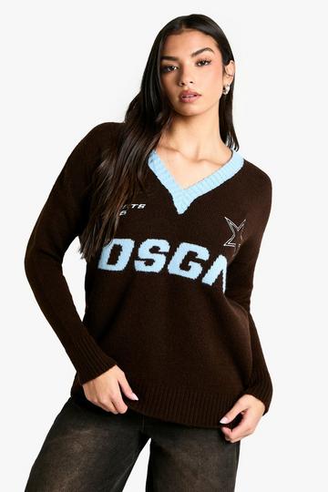 DSGN Embroidered Oversized V Neck Knitted Jumper chocolate