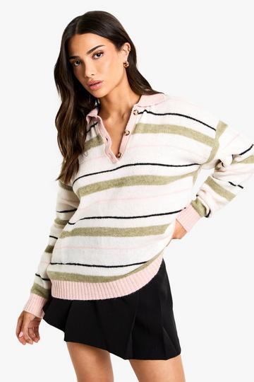 Pink Stripe Collar Detail Oversized Knitted Top