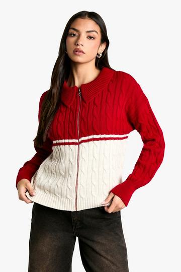 Chunky Knit Cable Detail Zip Through Collared Jumper red