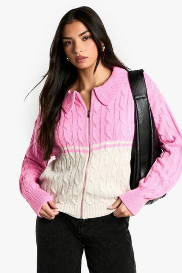 Chunky Knit Cable Detail Zip Through Collared Jumper pink