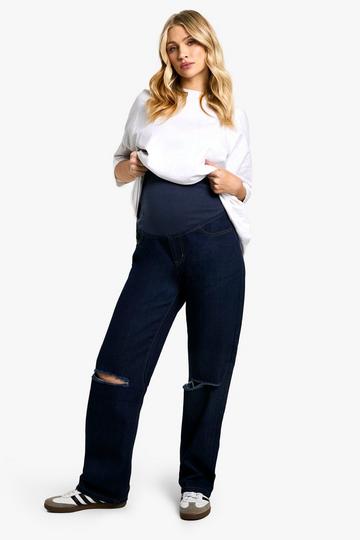 Maternity Over The Bump Ripped Knee Boyfriend Jeans indigo