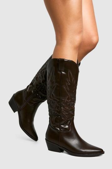 Embroidered Knee High Western Boots brown