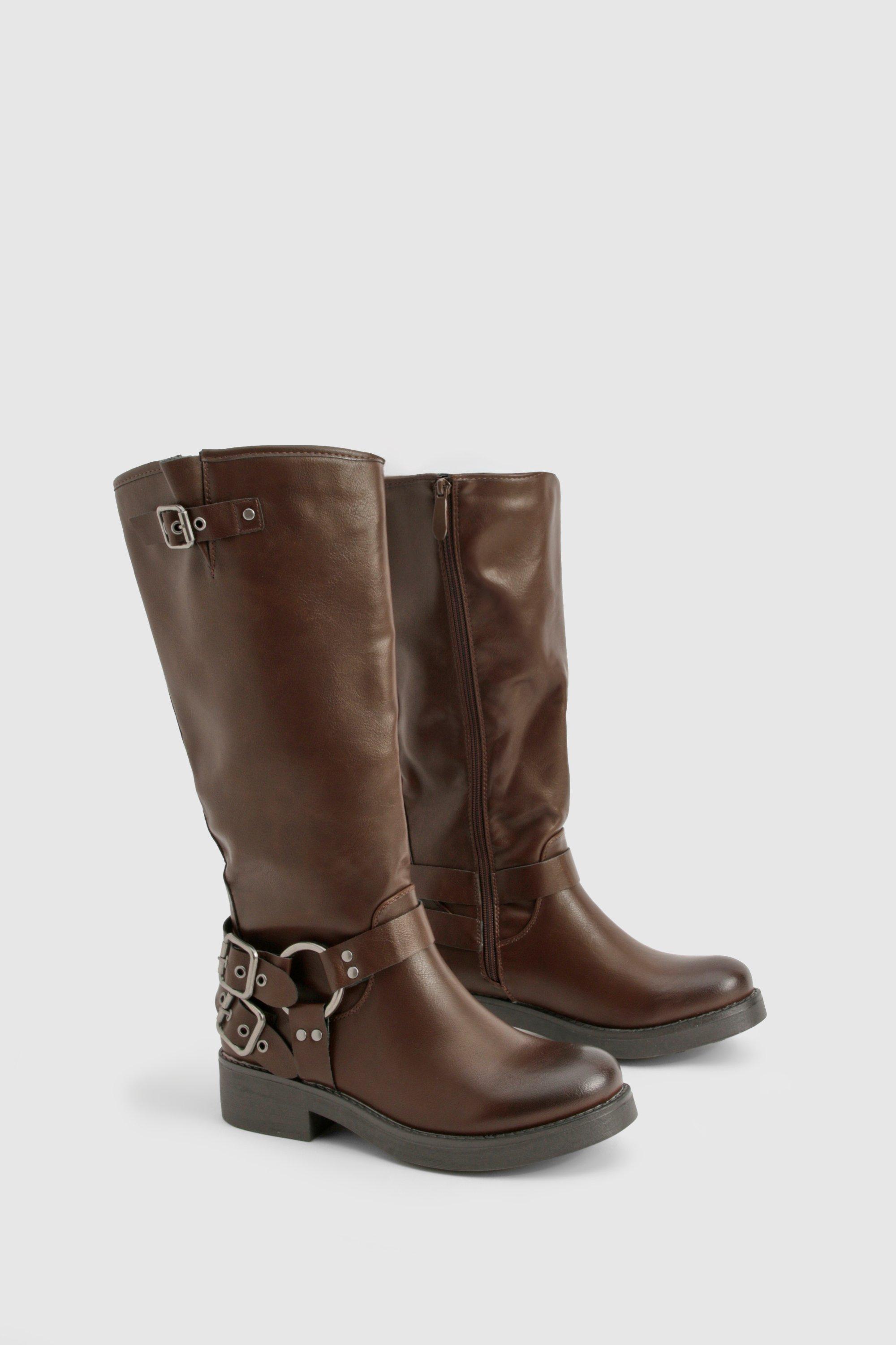Knee High Buckle Biker Boots | boohoo
