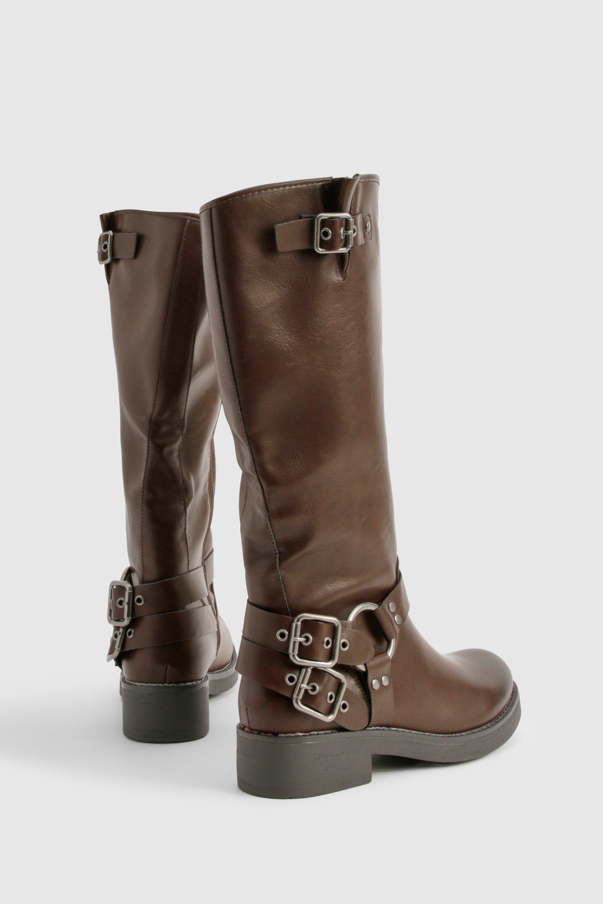 Knee High Buckle Biker Boots | boohoo