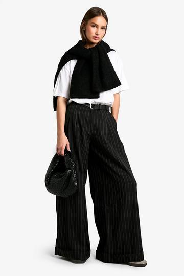 Tailored Pinstripe Turn Up Wide Leg Trouser black