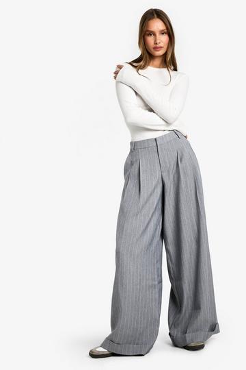 Getailleerde Wide Leg Broek Met Krijtstrepen En Omgeslagen Pijpen grey marl