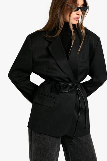 Black Tailored Cinched Waist Wrap Blazer