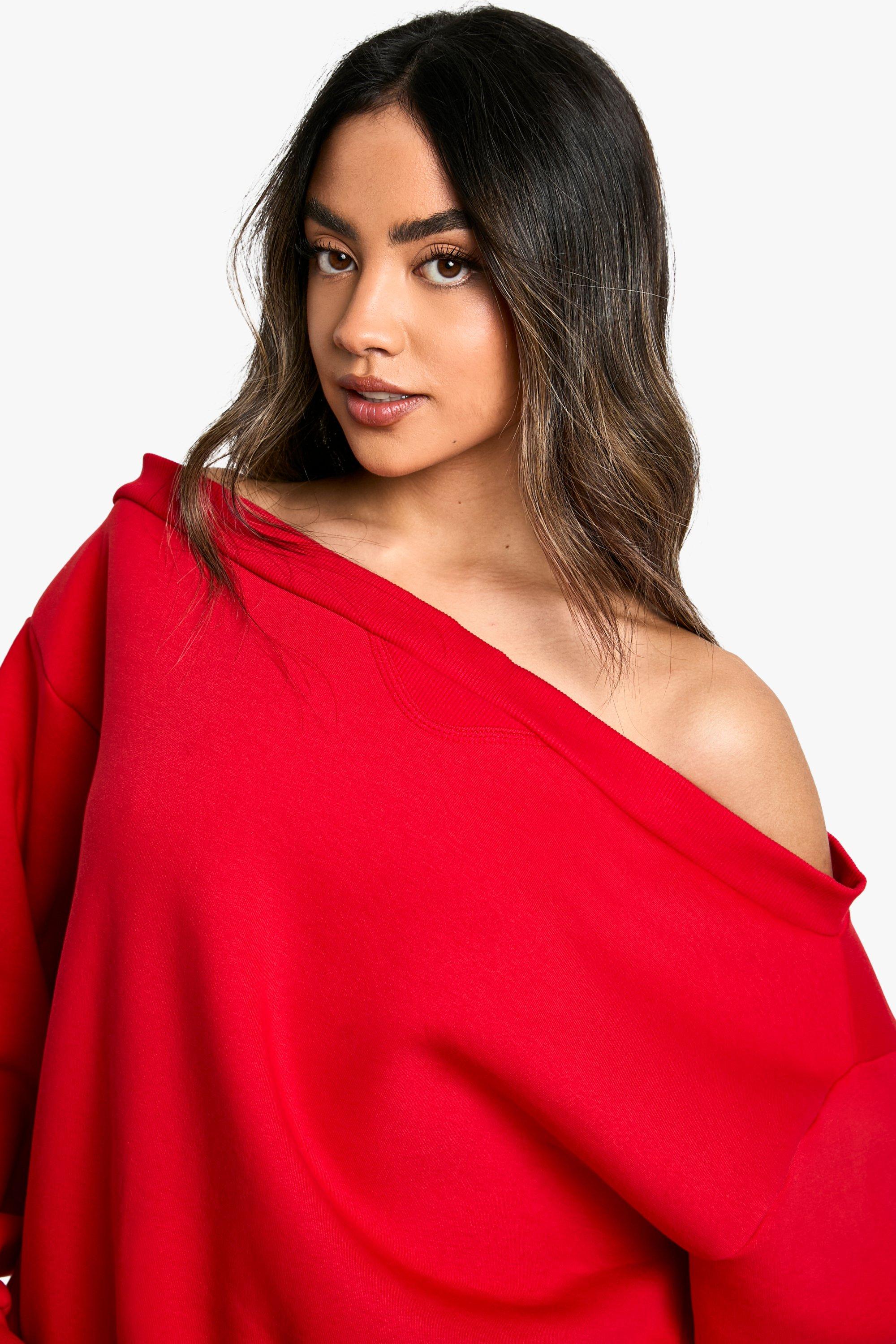 Red off the shoulder sweatshirt cheap