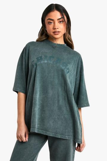 Chicago Slogan Oversized Washed T-Shirt forest