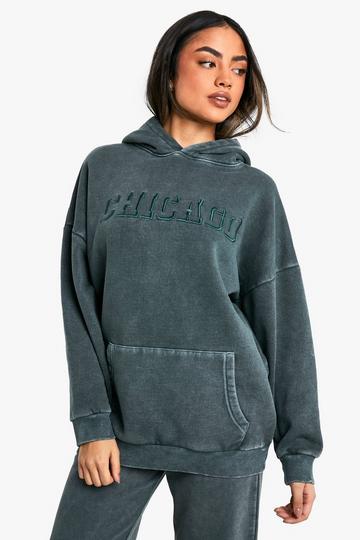 Chicago Slogan Embroidered Washed Oversized Hoodie forest