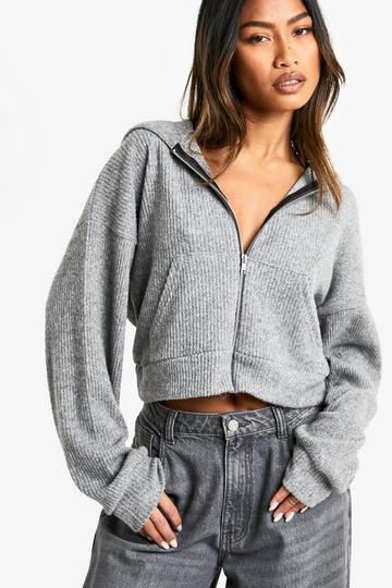 BRUSHED RIB ZIP THROUGH HOODIE grey marl