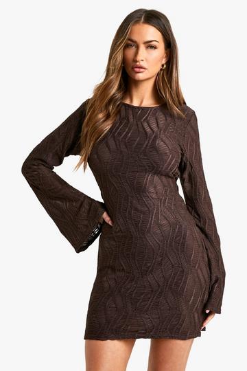 Textured Flare Sleeve Mini Dress chocolate