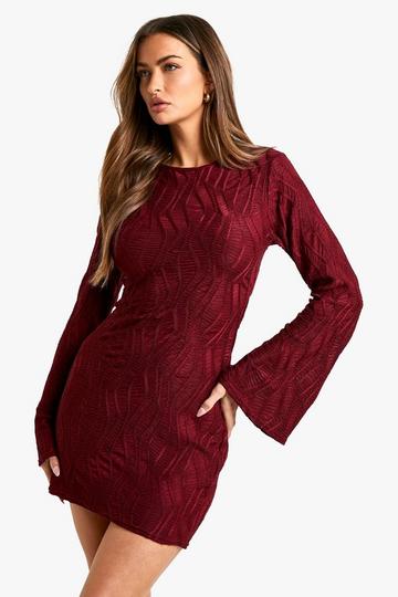 Textured Flare Sleeve Mini Dress wine